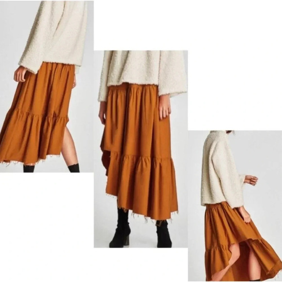 Zara Womens Tiered Flared Asymmetrical Midi Skirt Burnt Orange Size Large - Picture 1 of 11